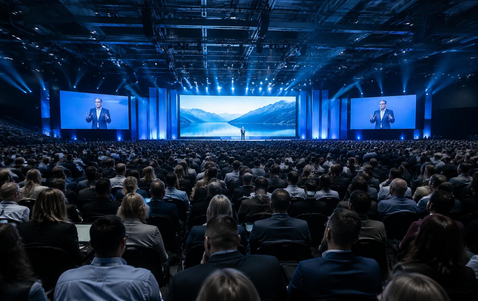 Wide view of a huge conference audience facing a stage with large LED screens under blue lighting