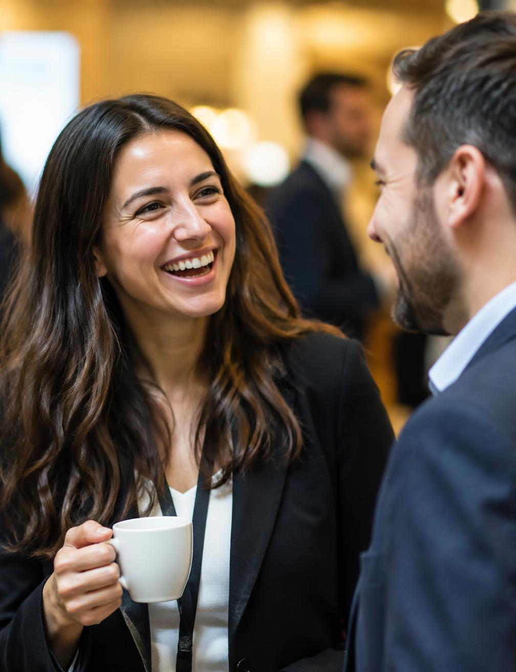 Two colleagues laughing over coffee during a corporate networking break