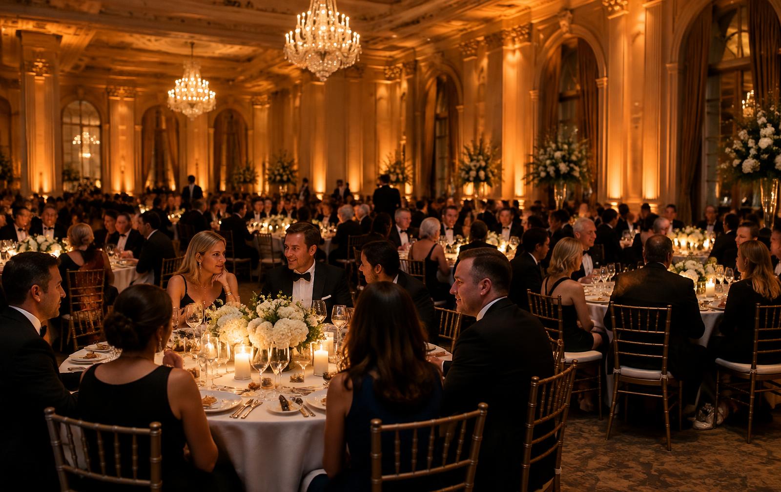 Candlelit gala dinner in a grand ballroom with chandeliers and seated guests