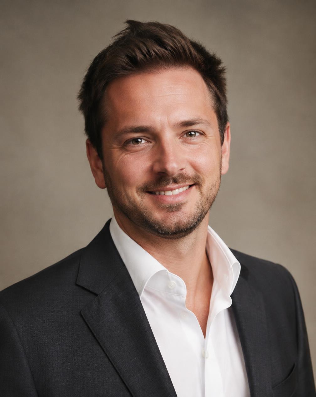 Corporate headshot of a smiling businessman in a charcoal jacket