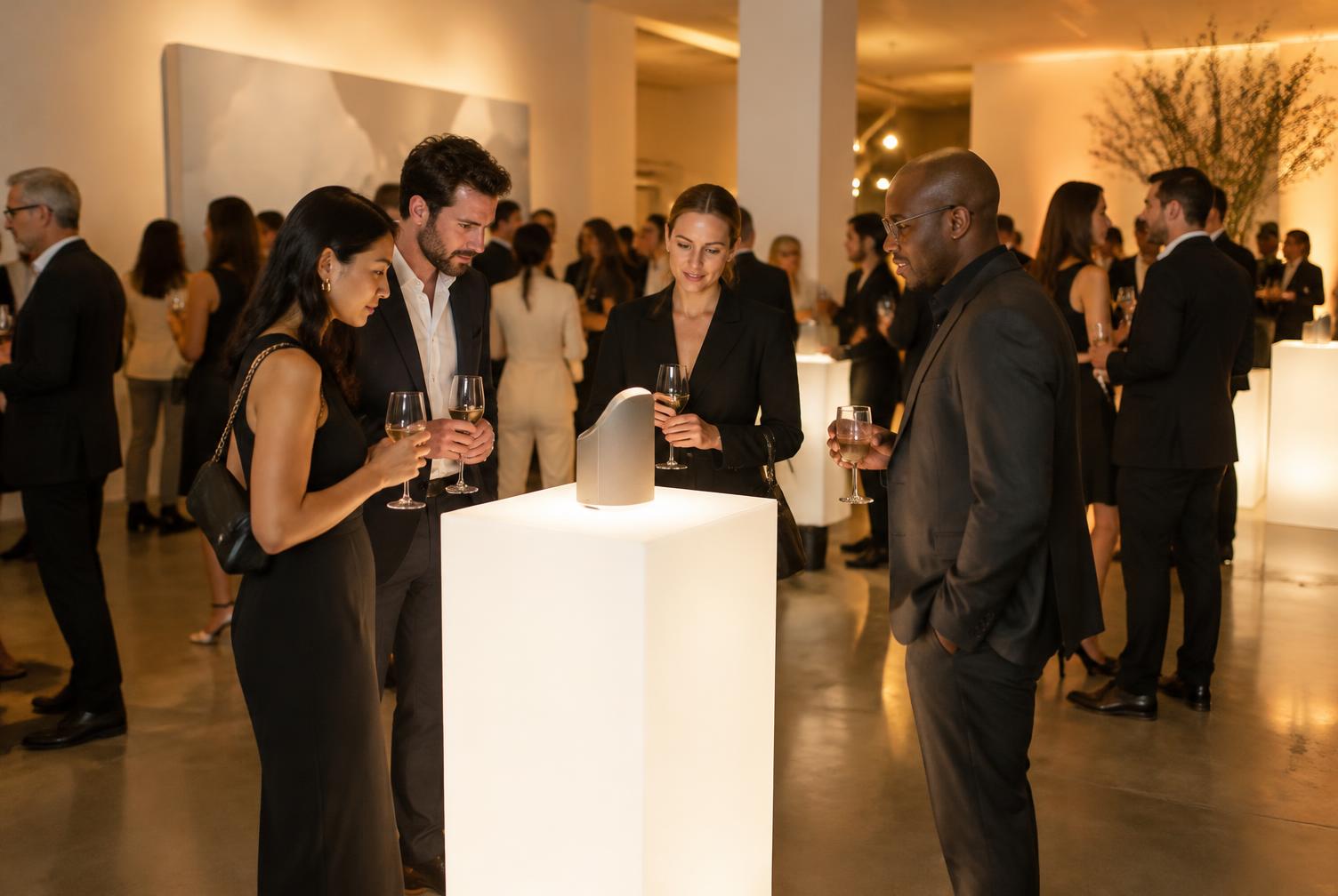 Guests gathered around an illuminated product display at an evening launch