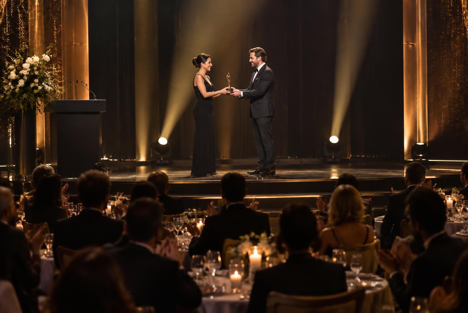 Presenter handing a trophy to a winner on an awards stage above candlelit dinner tables