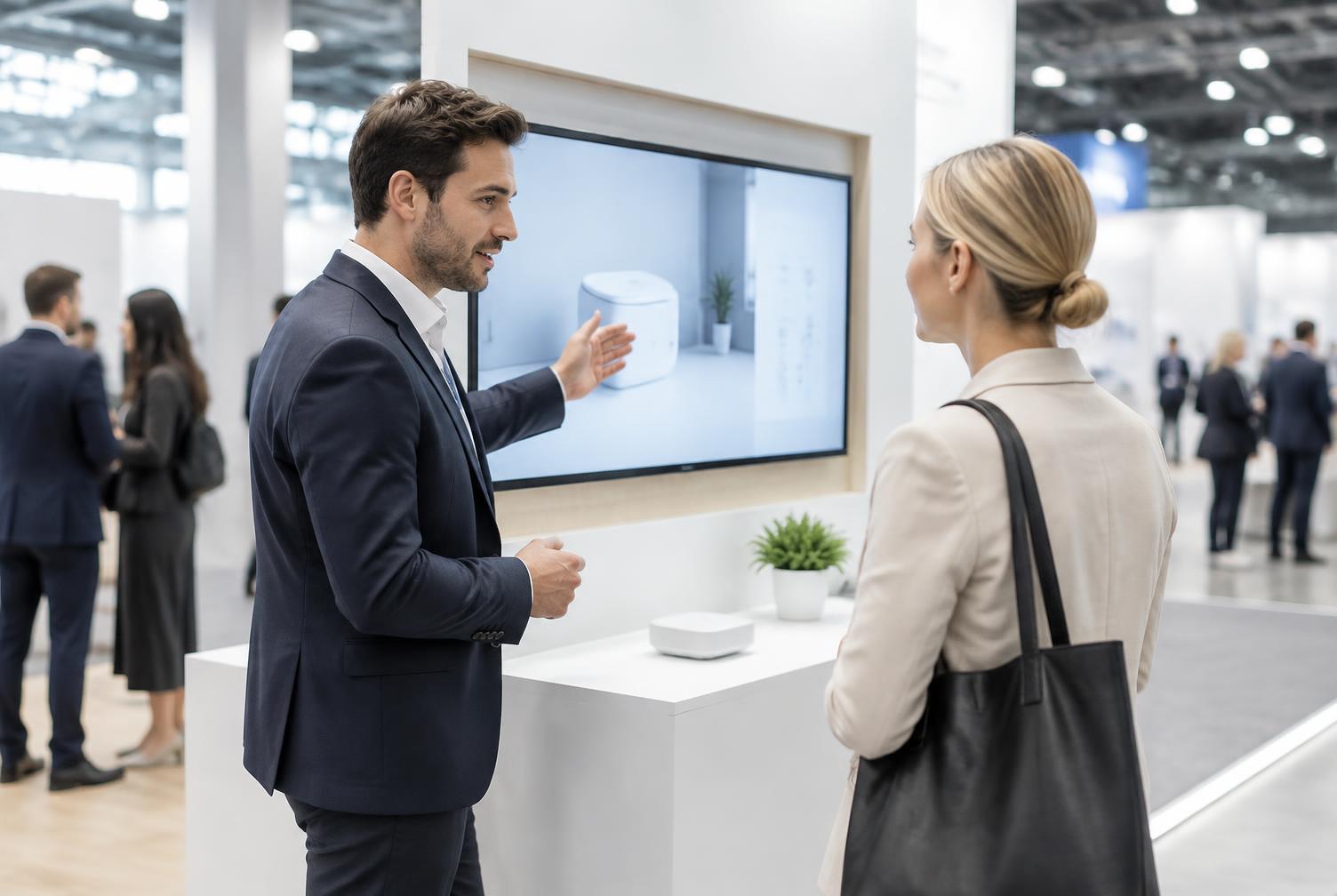 Exhibitor demonstrating a product on a screen to a visitor at a modern exhibition stand