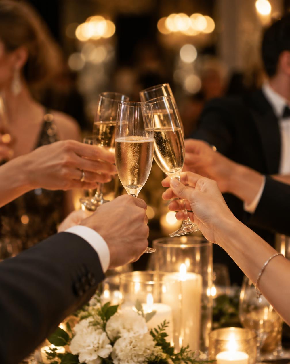 Guests raising champagne glasses in a candlelit toast at an evening event